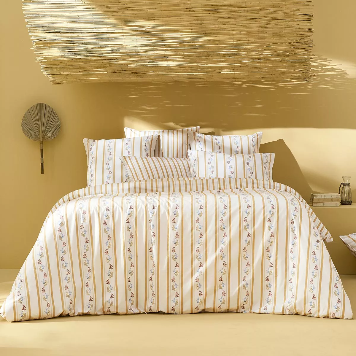 Lot h.couette +taies percale de coton lavé rayé beige jaune Honfleur paille