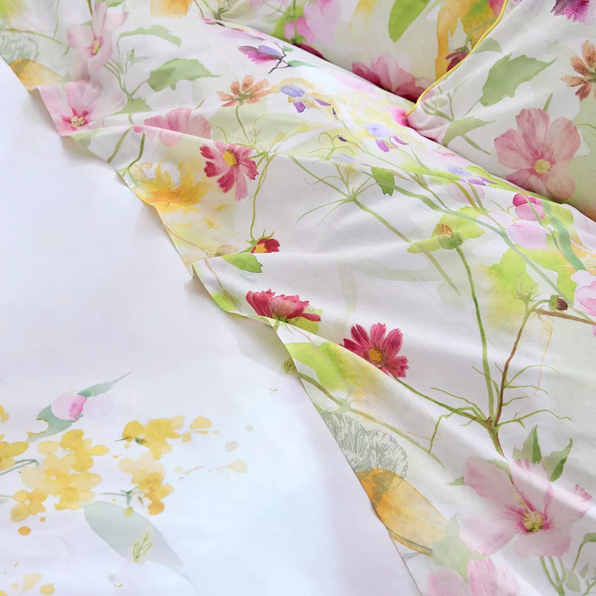 Drap plat percale de coton lavé 115 g/m² imprimé vert rose Souffle fleuri printemps