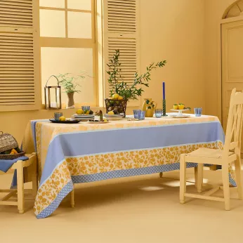 Tablecloth 100% cotton 220 gsm jacquard pattern blue yellow Mille citrons provence