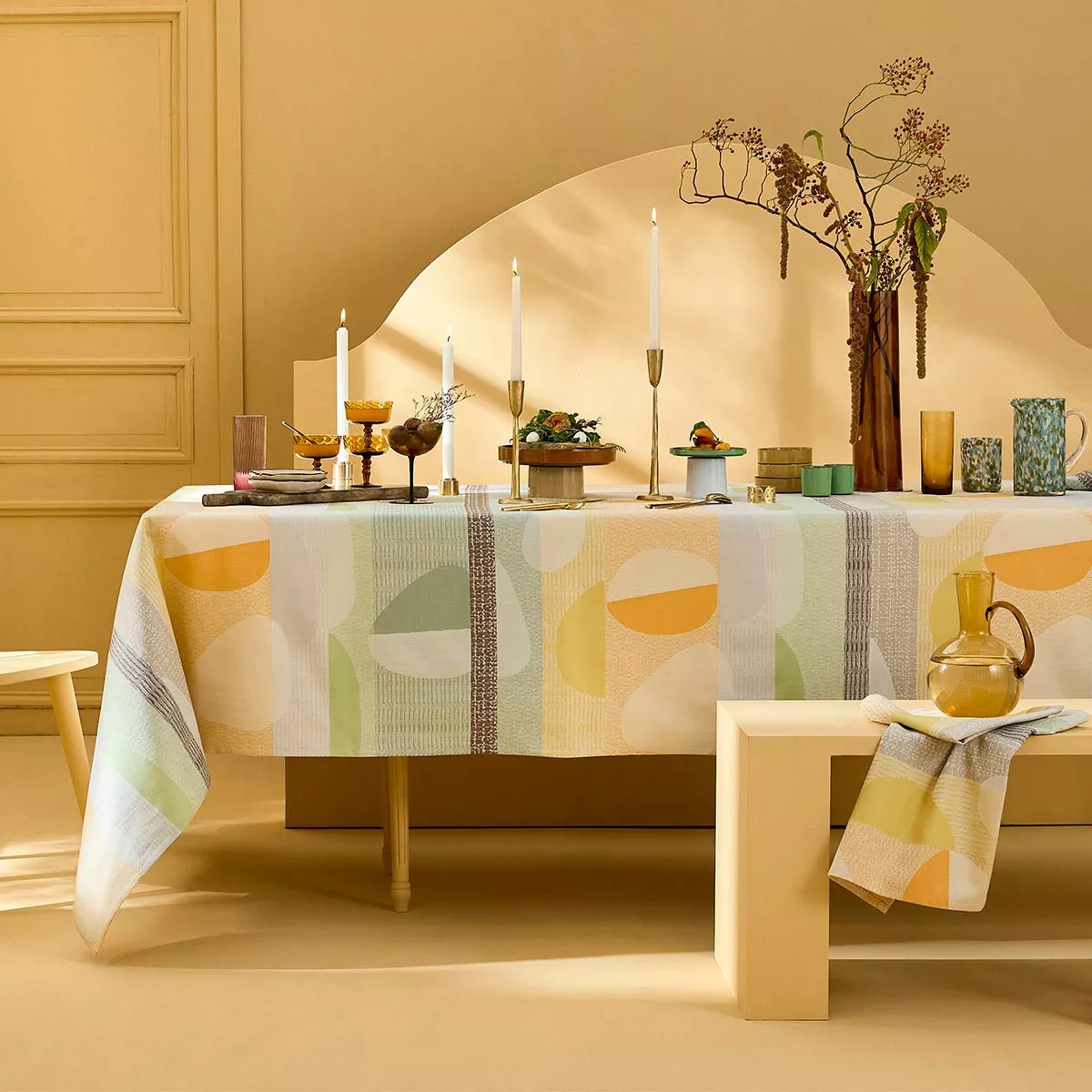 Nappe pur coton 205 g/m² motif jacquard orange vert Mille galets terre cuite