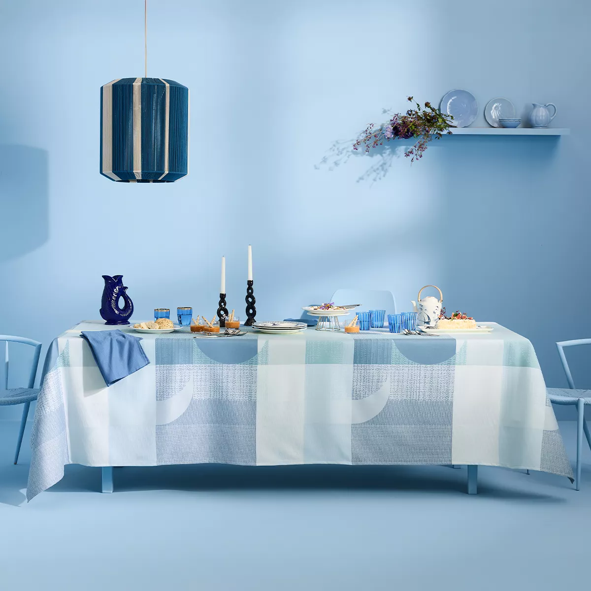 Tablecloth 100% cotton 220 gsm jacquard pattern green blue Mille textures bleu