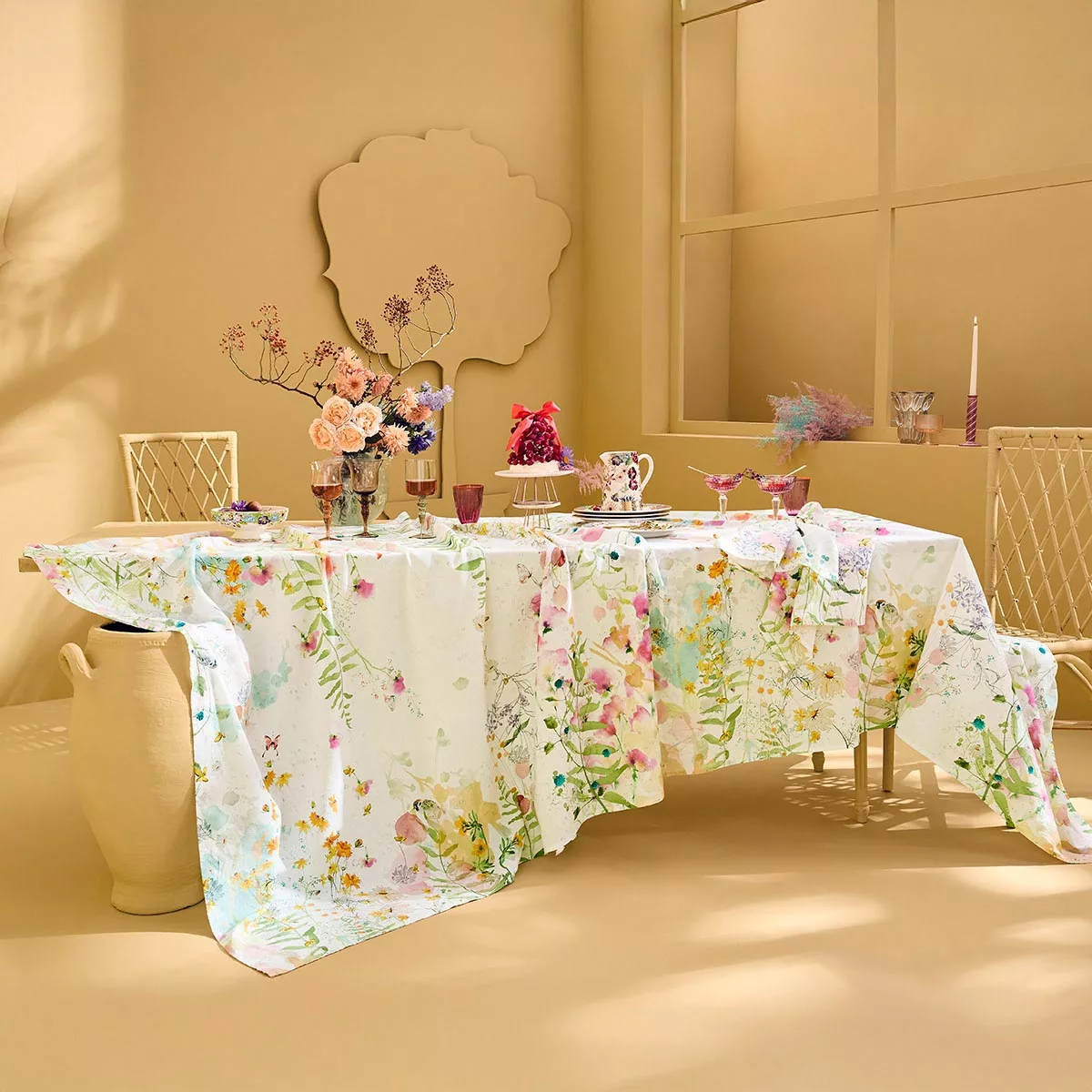 Tischdecke halbleinen vorgewaschen 150 g/m² bedruckt grün rosa Rosee du matin printemps