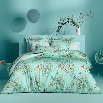 Bettbezug baumwollsatin 115 g/m² bedruckt blau grün Le printemps azur