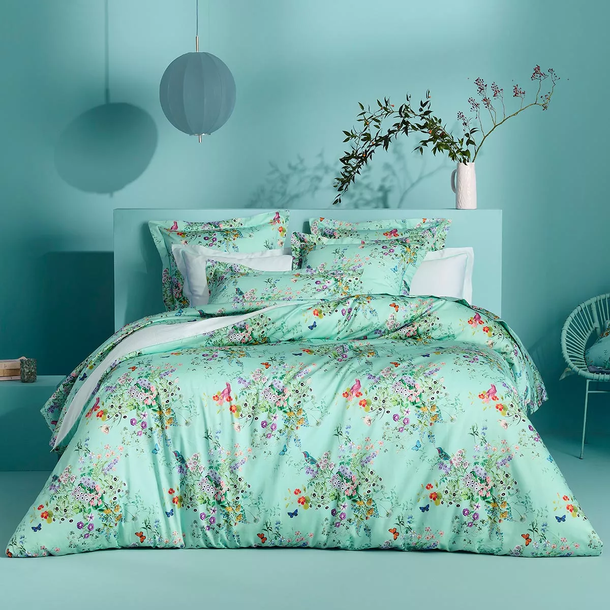 Housse de couette satin de coton 115 g/m² imprimé vert bleu Le printemps azur