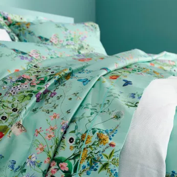 Bettlaken baumwollsatin 115 g/m² bedruckt blau grün Le printemps azur
