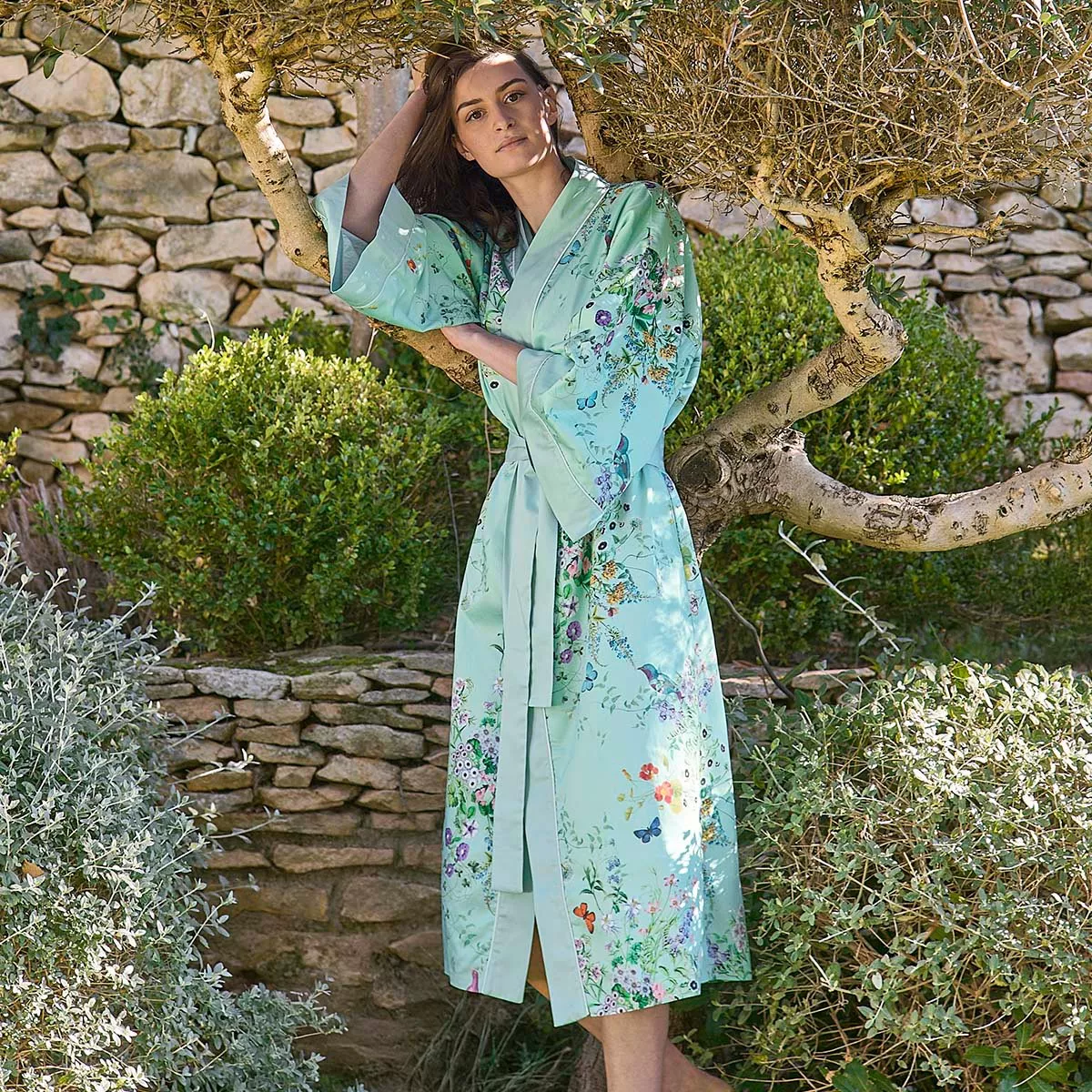 Kimono long cotton sateen 115 gsm printed green blue Le printemps azur