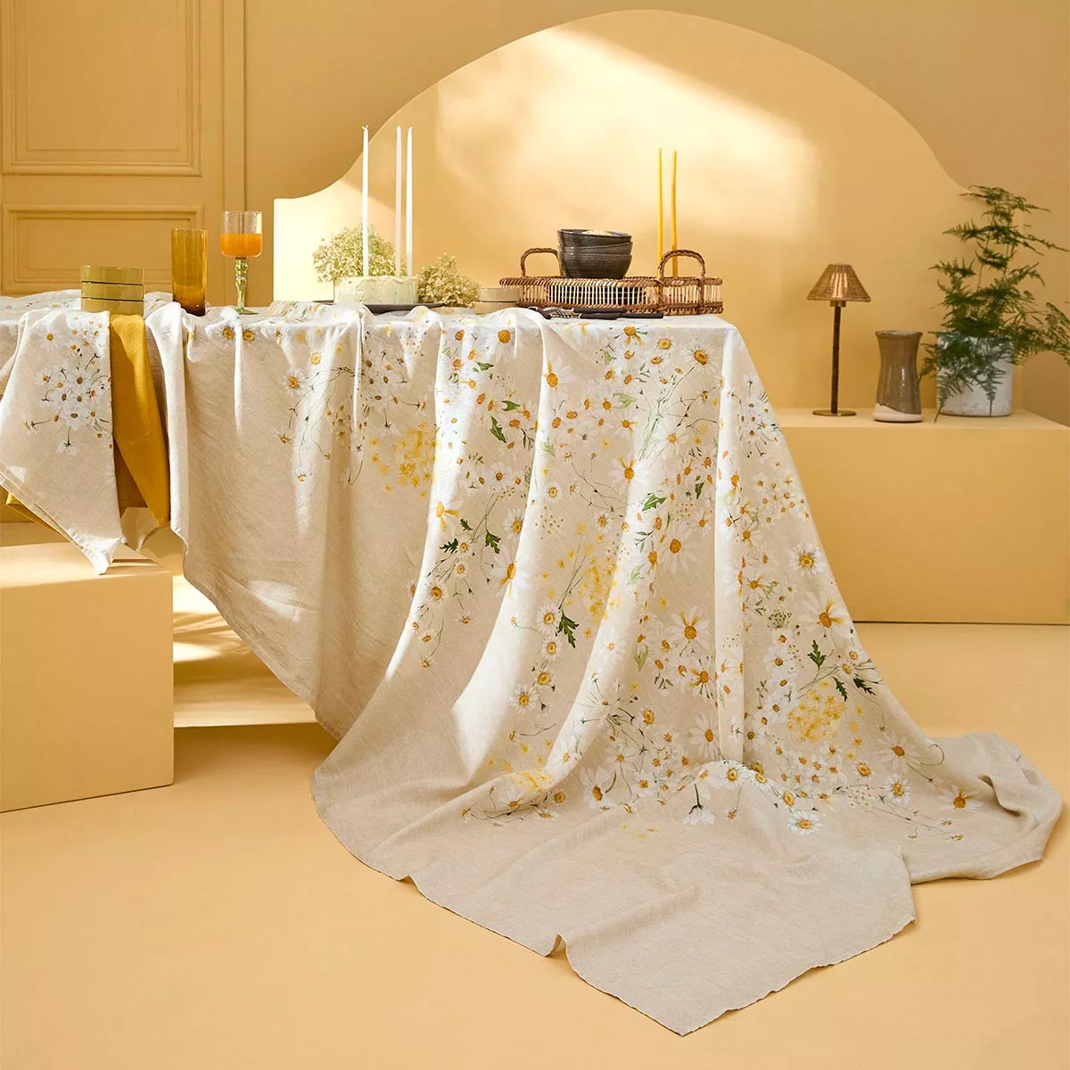 Tischdecke halbleinen vorgewaschen 150 g/m² bedruckt beige gelb Daisy chanvre