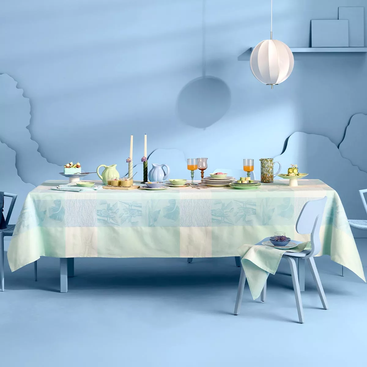 Linge de table pur coton motif jacquard beige bleu Mille iris d'eau aqua