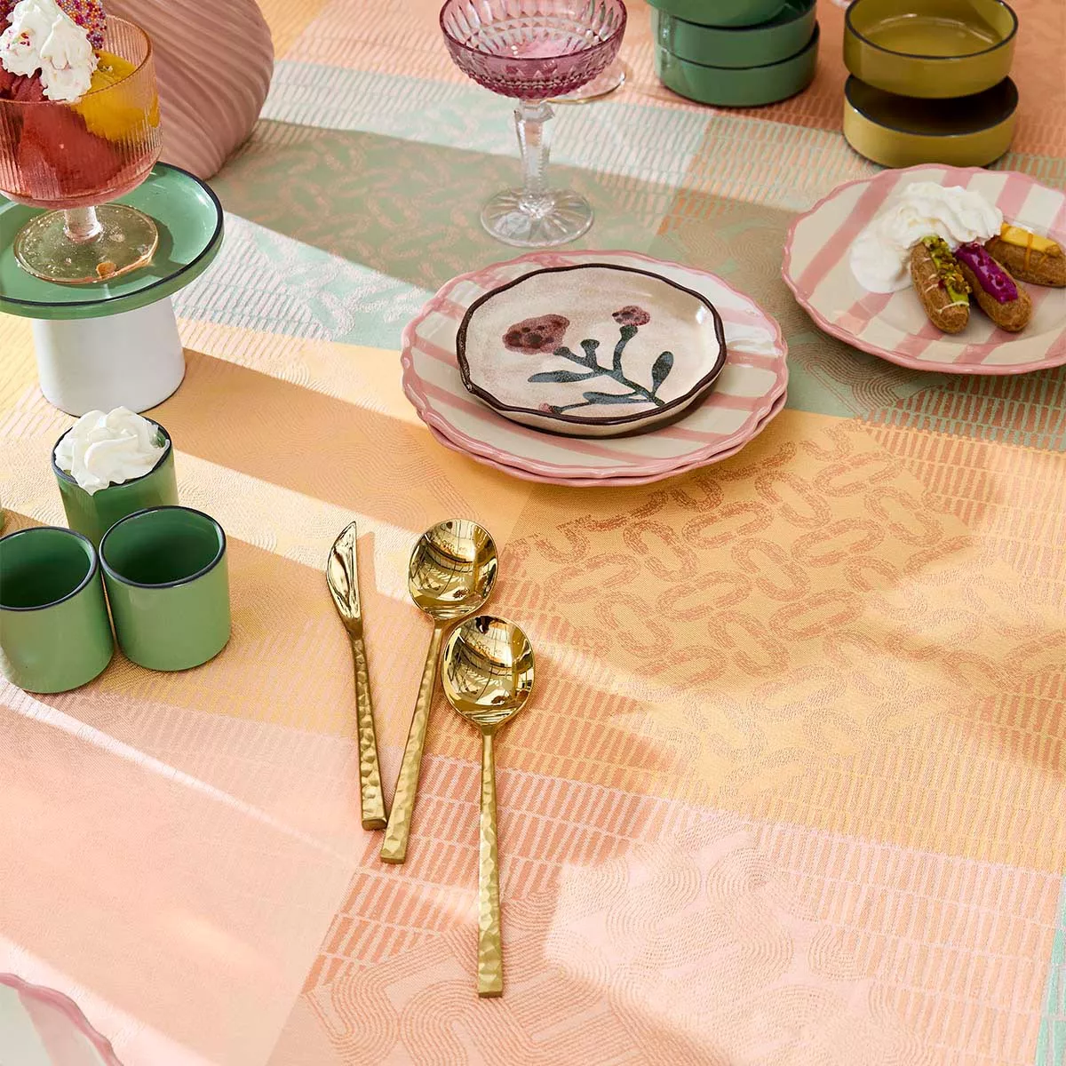 Set pur coton 205 g/m² motif jacquard jaune rose Mille empreintes pastel