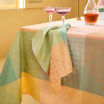 Serviette pur coton 205 g/m² motif jacquard rose jaune Mille empreintes pastel