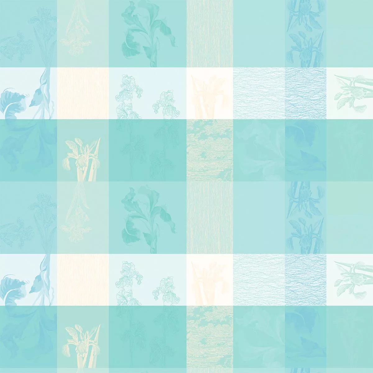 Nappe sur mesure pur coton 220 g/m² motif jacquard beige bleu Mille iris d'eau aqua