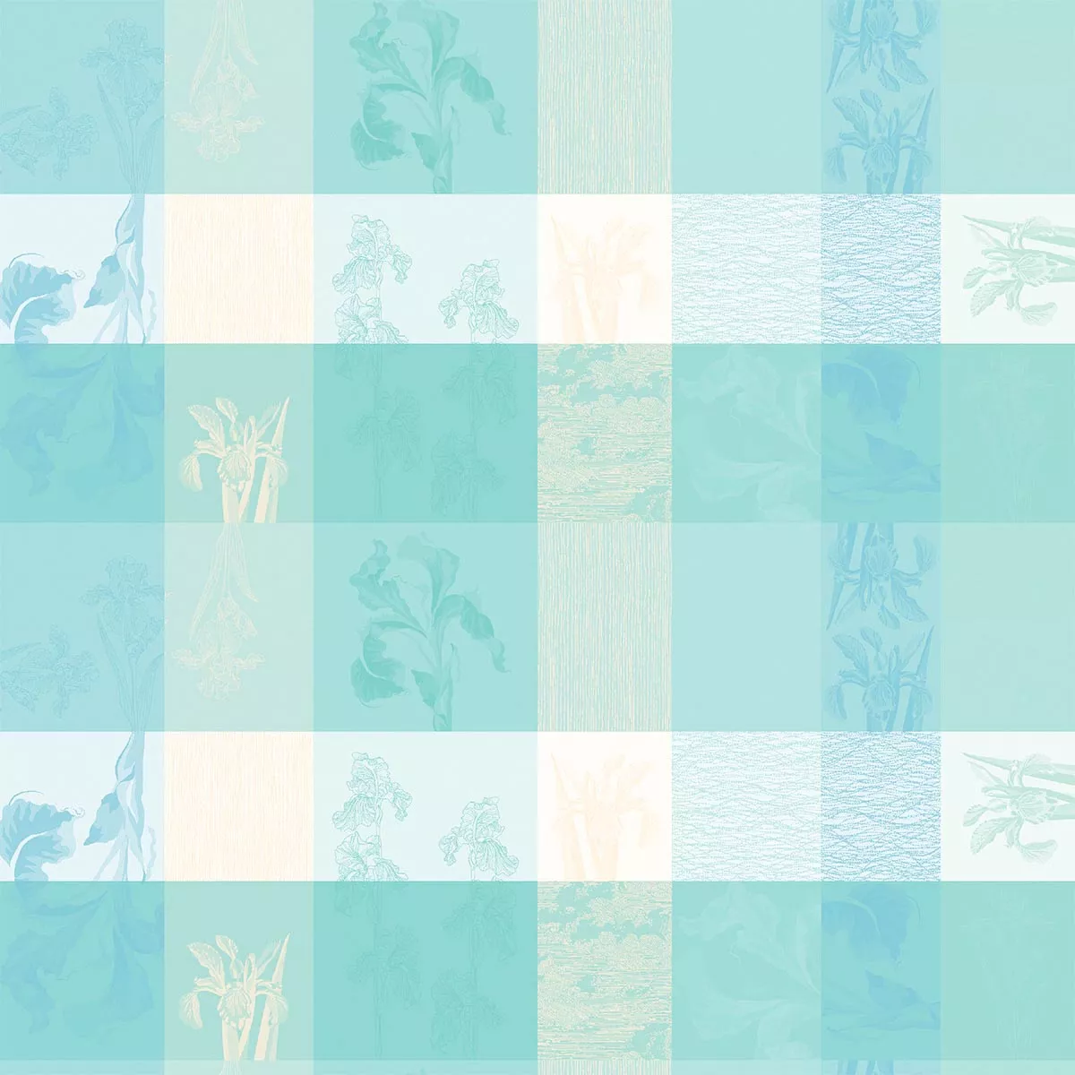 Custom made tablecloth 100% cotton coated 220 gsm jacquard pattern beige blue Mille iris d'eau aqua