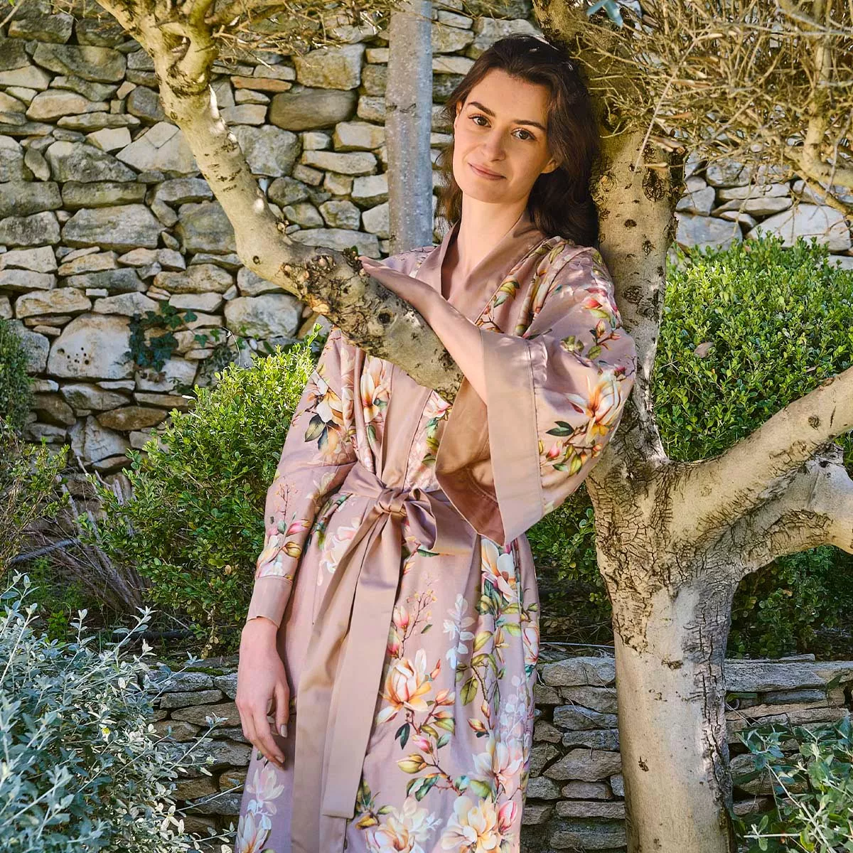 Kimono long cotton sateen 115 gsm printed ivory pink Magnolias rose fume