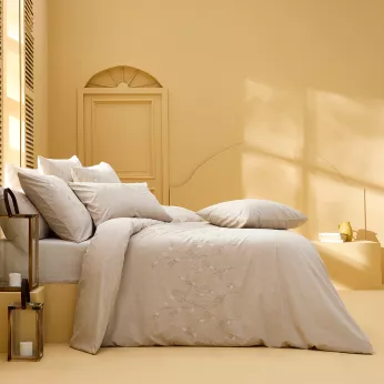 Housse de couette pur coton lavé tissé teint brodé beige Monnaie du pape naturel
