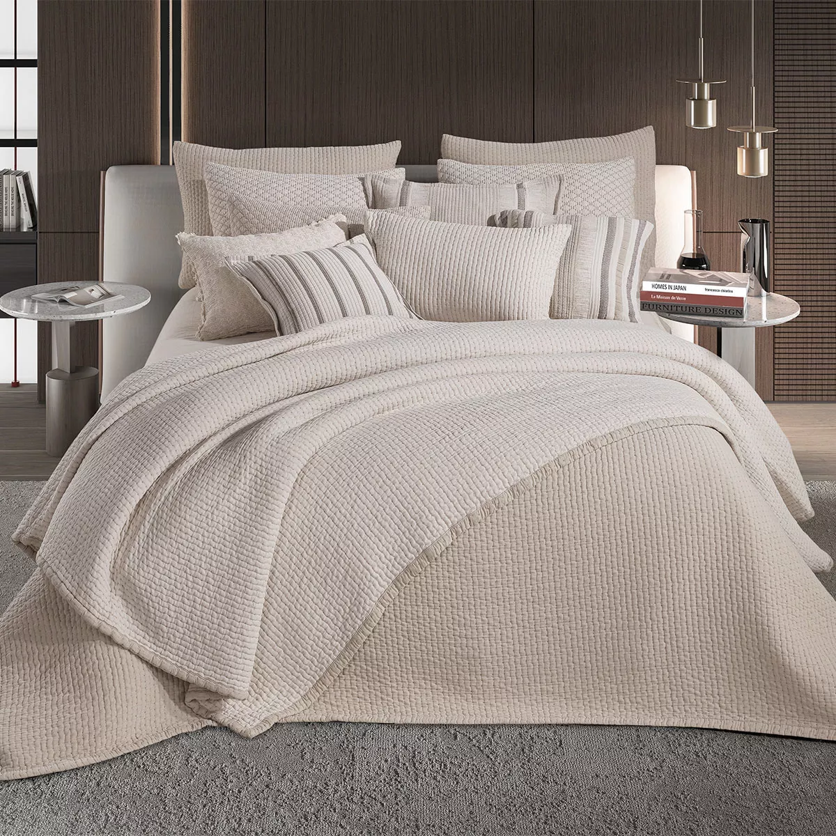 Couvre-lit coton mélangé lavé 520 g/m² uni ecru beige Manosque stone