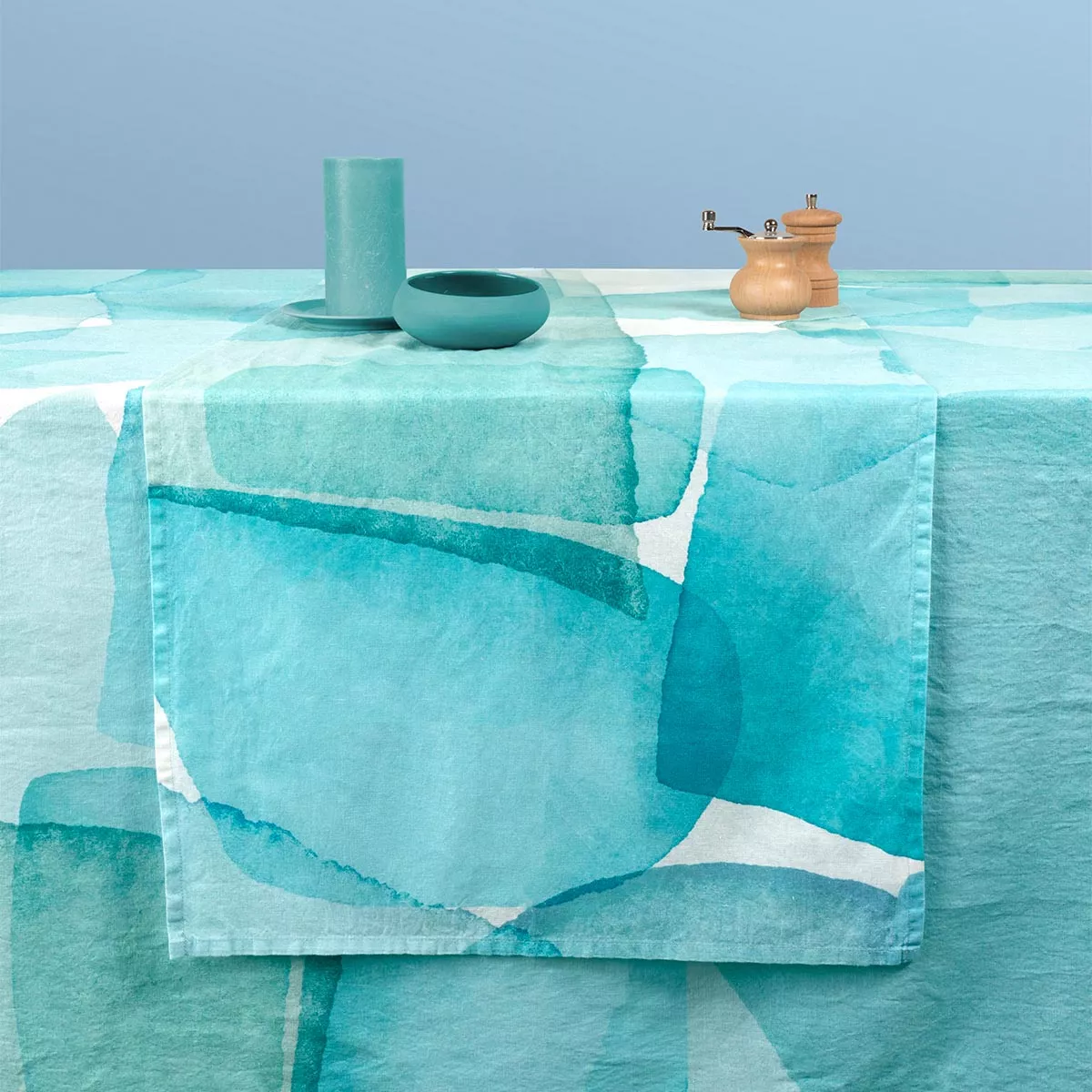 Table runner linen & cotton prewashed 150 gsm printed green blue Aqua mineral