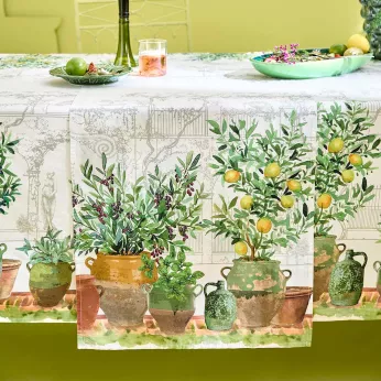 Chemin de table lin & coton lavé 190 g/m² imprimé marron vert Jardin provencal olive