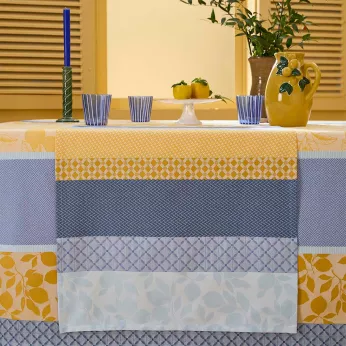 Tischläufer reine baumwolle 220 g/m² jacquard-muster blau gelb Mille citrons provence