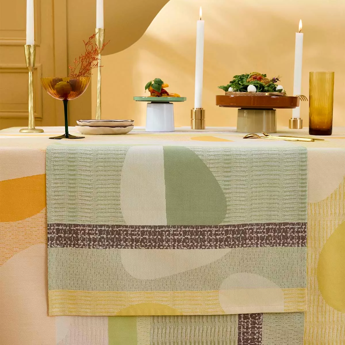 Table runner 100% cotton 205 gsm jacquard pattern green orange Mille galets terre cuite