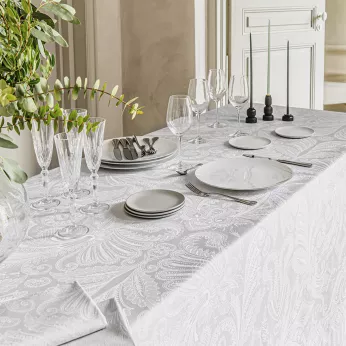Chemin de table pur coton antitache motif jacquard gris Grace perle