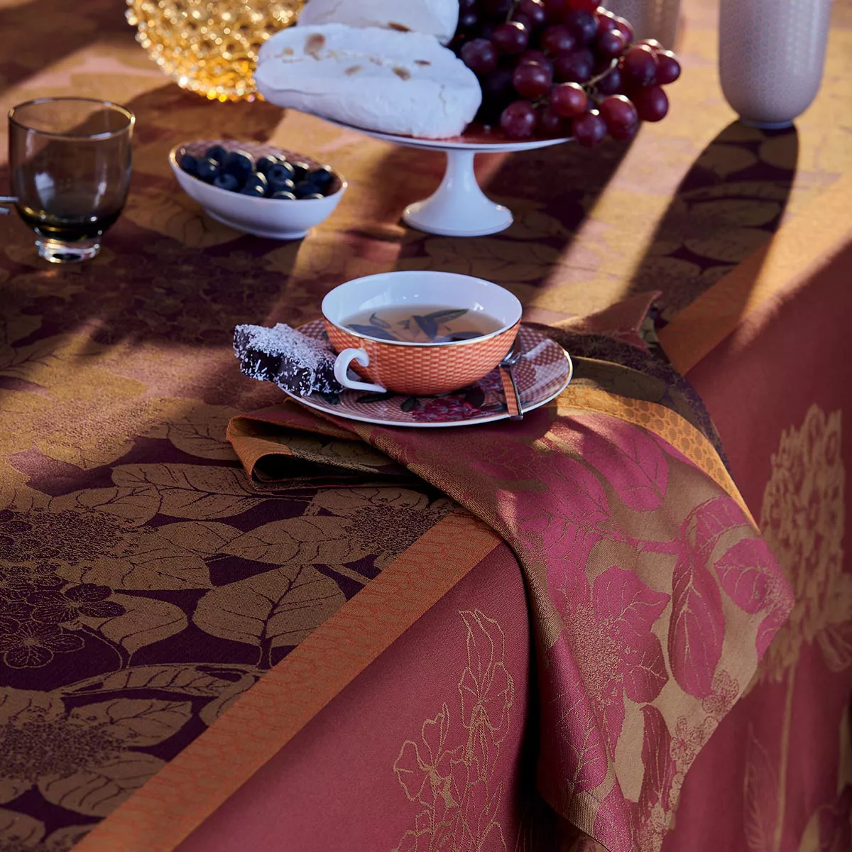 Serviette reine baumwolle jacquard-muster winrot orange Hortensias rouille