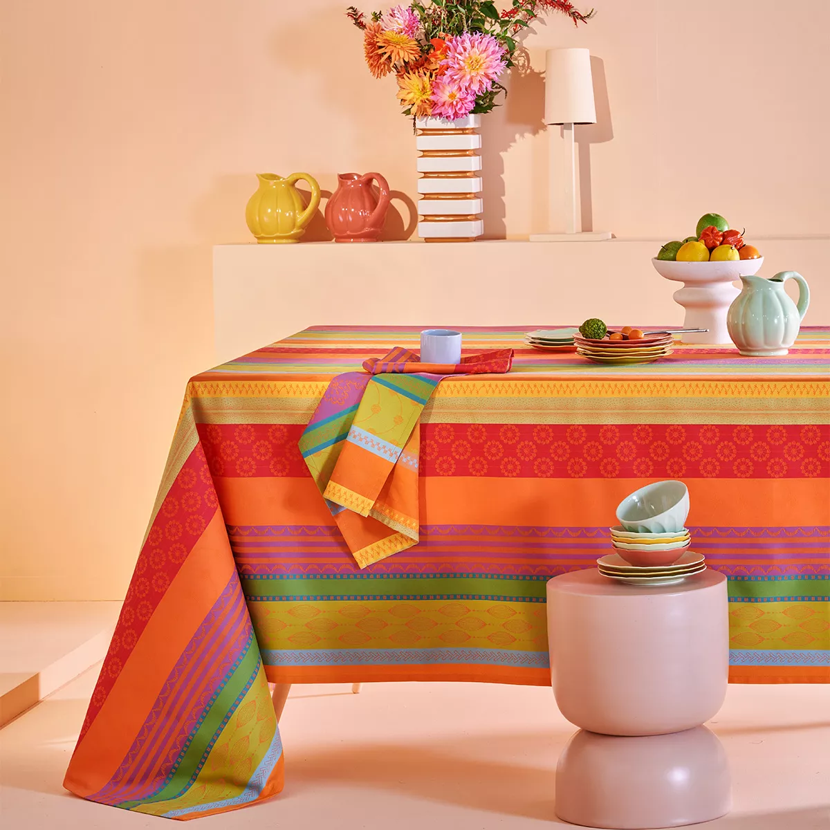 Napkin 100% cotton jacquard pattern green orange Mille broderies samba