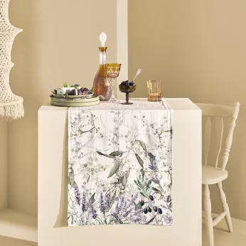 Table runner linen & cotton prewashed 150 gsm printed purple Parfum de lavande mauve