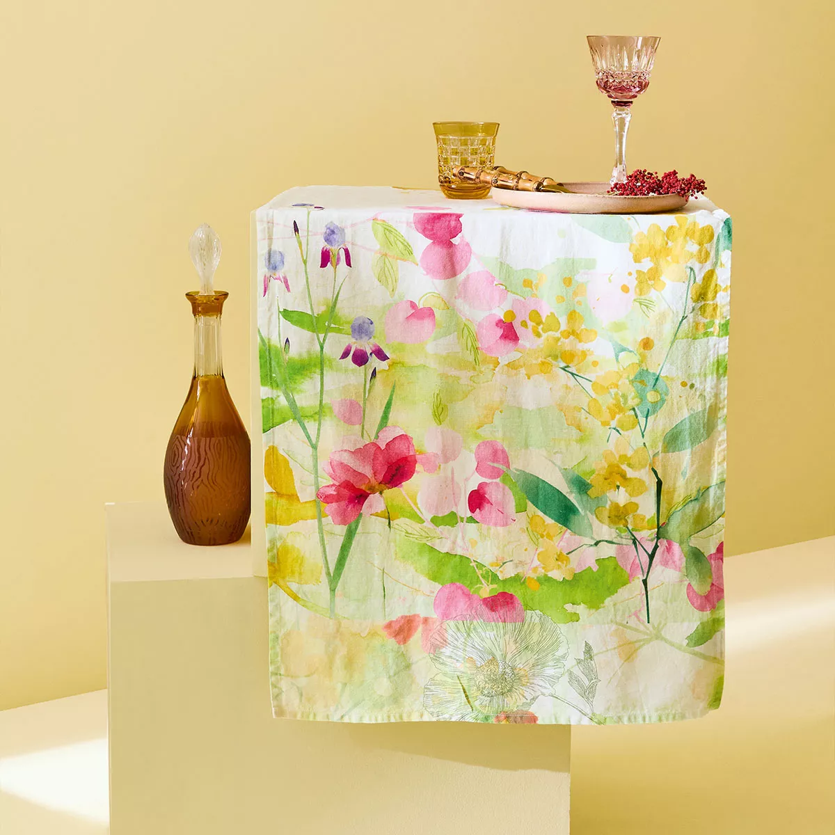 Tischläufer halbleinen vorgewaschen 150 g/m² bedruckt rosa gelb grün Souffle fleuri printemps