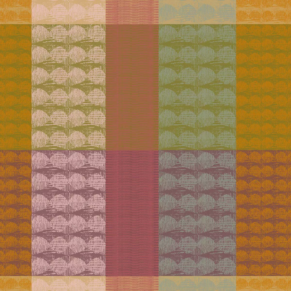 Serviette pur coton motif jacquard vert orange Mille halos prunus