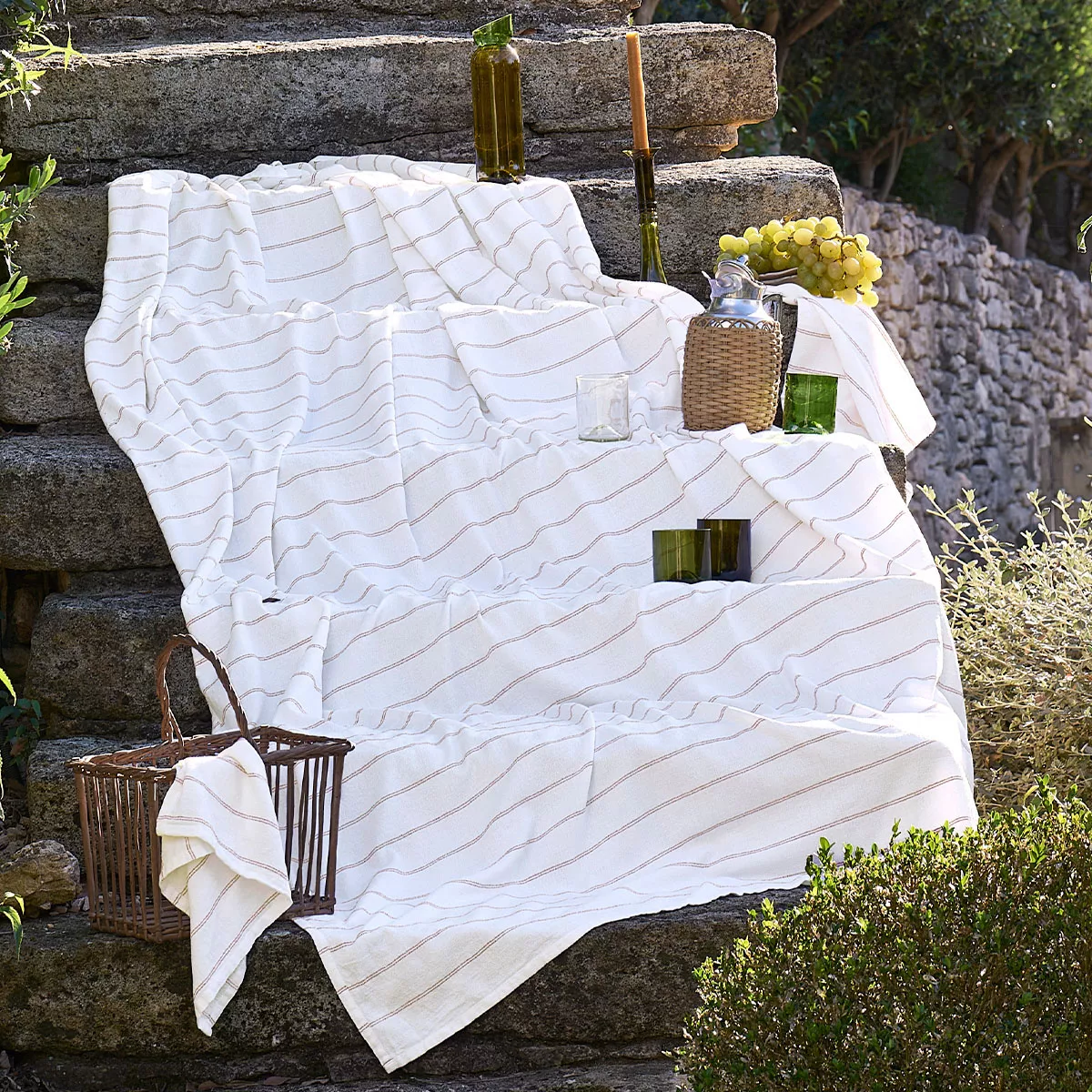 Tischdecke reine baumwolle vorgewaschen jacquard-muster orange weiß Rimini terracotta