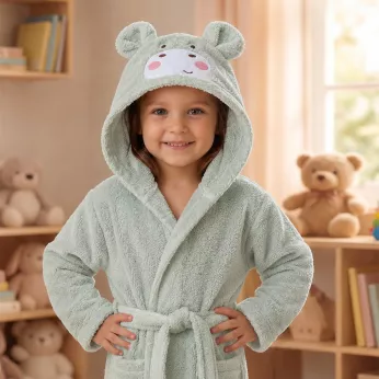Peignoir enfant kinder reine baumwolle 420 g/m² bestickt grün Petit hippo vert d'eau