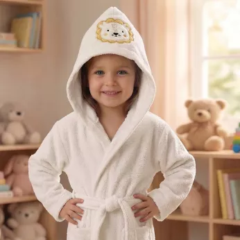 Peignoir enfant kinder reine baumwolle 420 g/m² bestickt gelb beige Petit lion angora