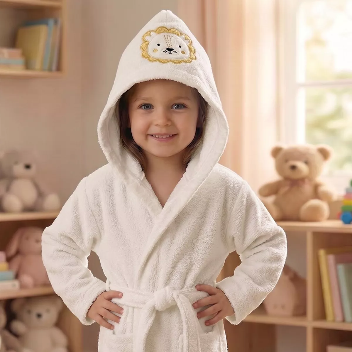 Peignoir enfant enfant pur coton 420 g/m² brodé beige jaune Petit lion angora