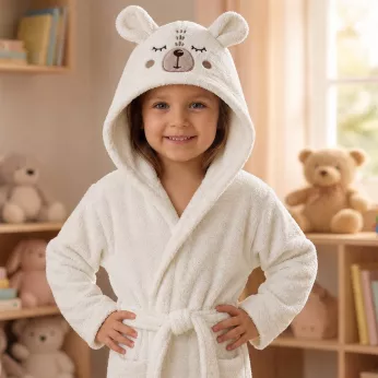 Peignoir enfant kinder reine baumwolle 420 g/m² bestickt beige kastanienbraun Petit ours angora