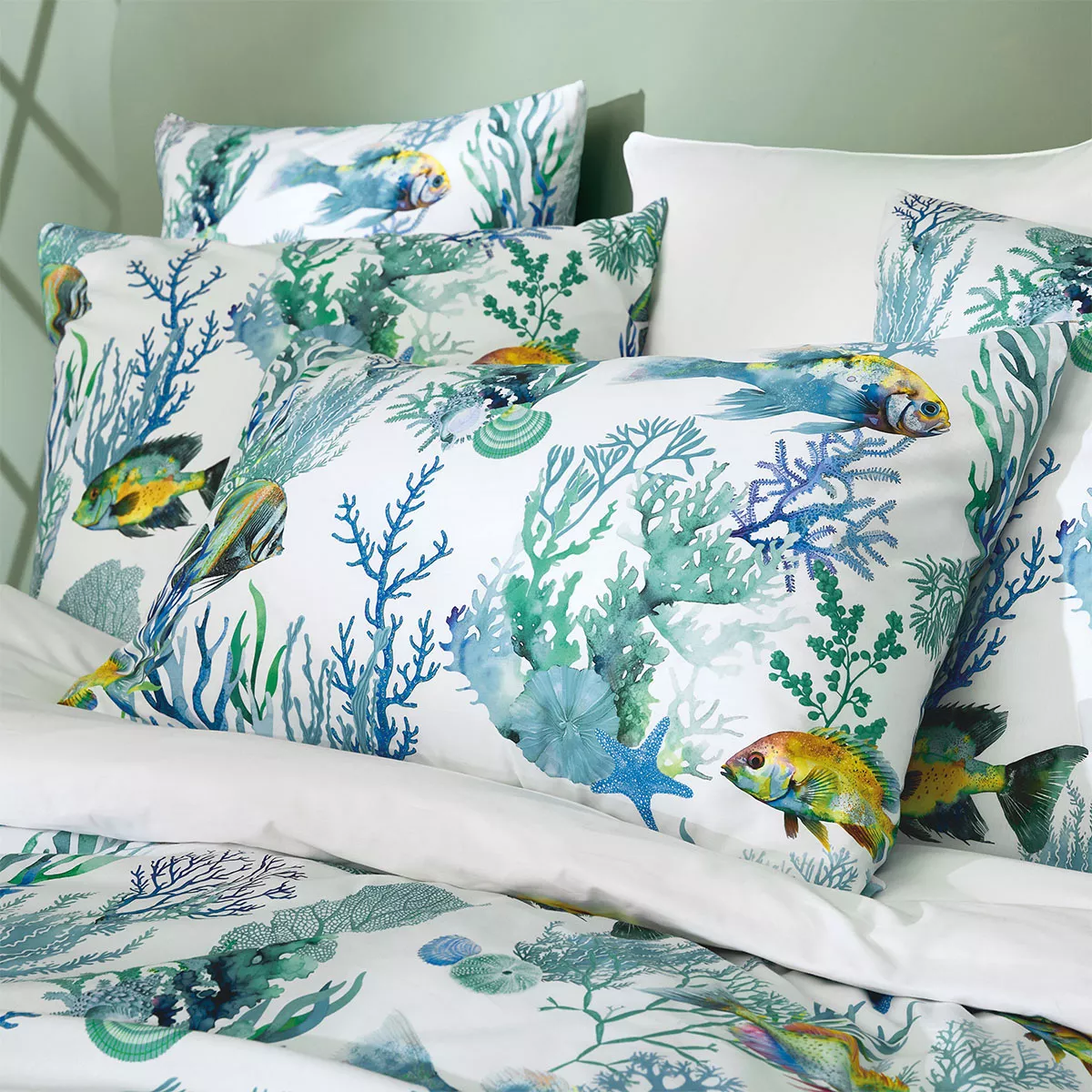 Pillowcase cotton percale 115 gsm printed white blue Naia blanc