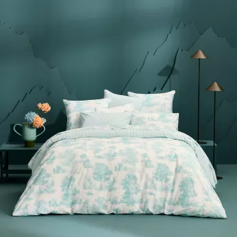 Housse de couette percale de coton imprimé bleu Poesie aqua