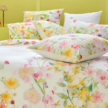Taie d'oreiller percale de coton lavé 115 g/m² imprimé rose vert Souffle fleuri printemps