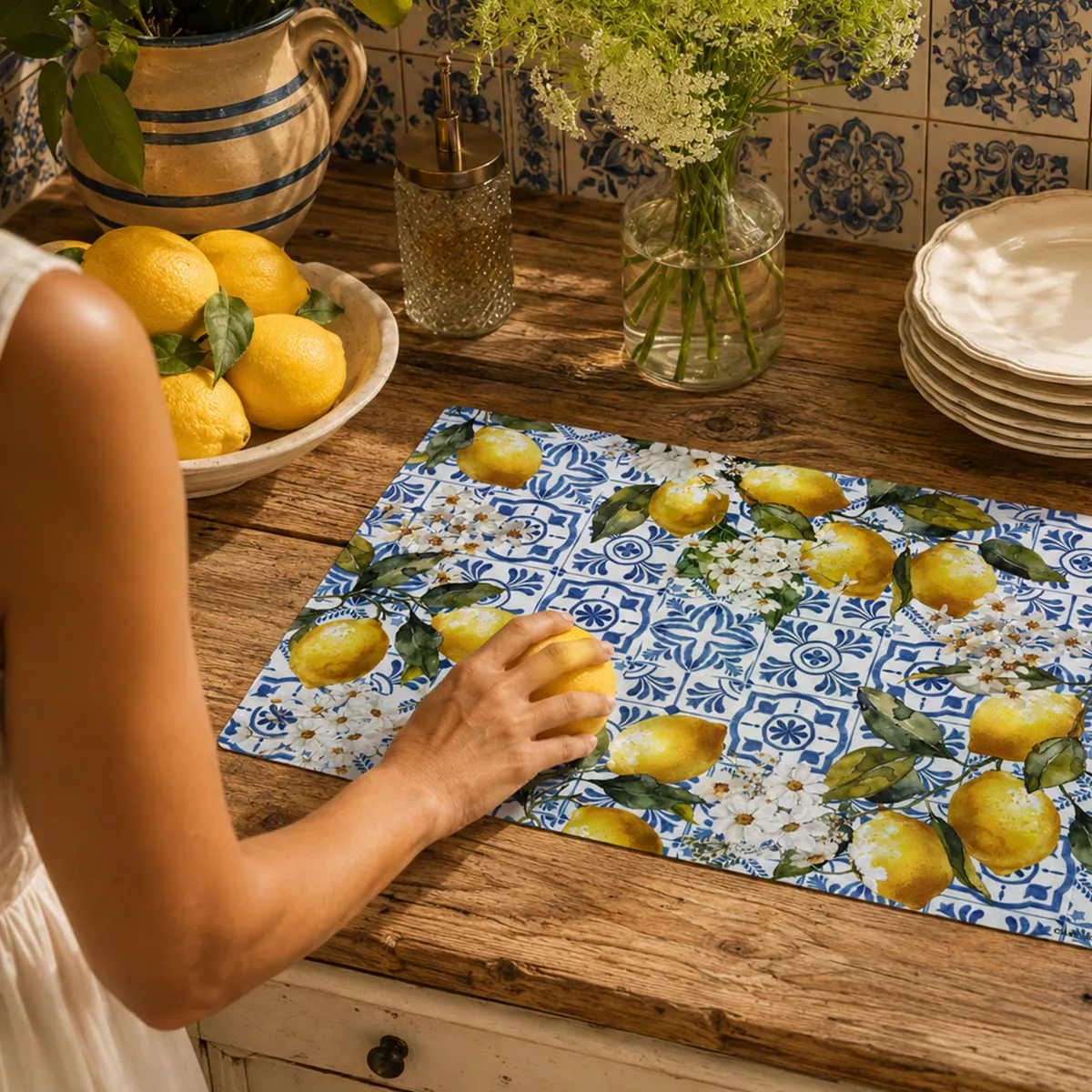 Set vinyle 860 g/m² imprimé jaune bleu Citrons azulejos bleu