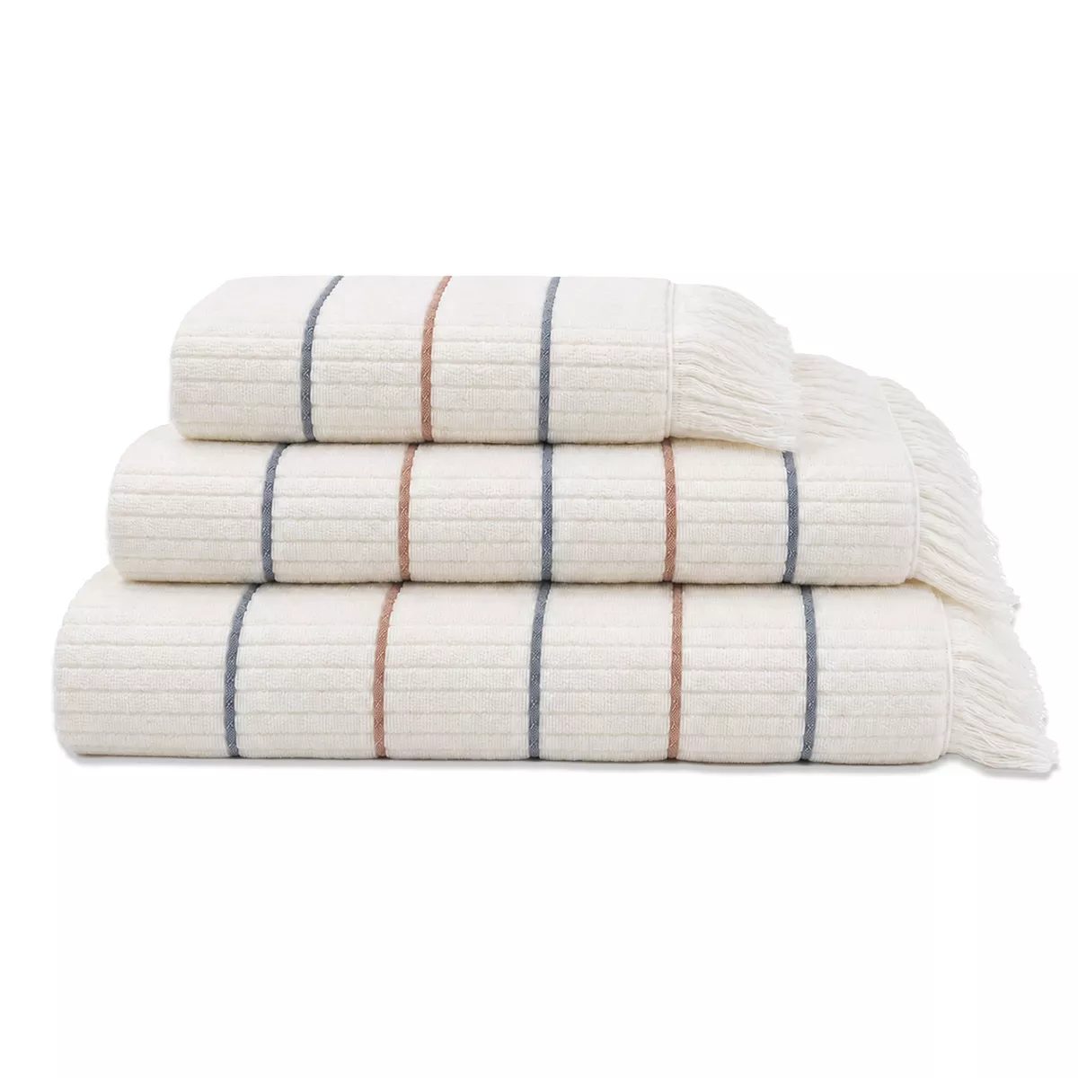 Bath set 100% cotton tissé teint rayé burgundy navy blue Farniente tangerine