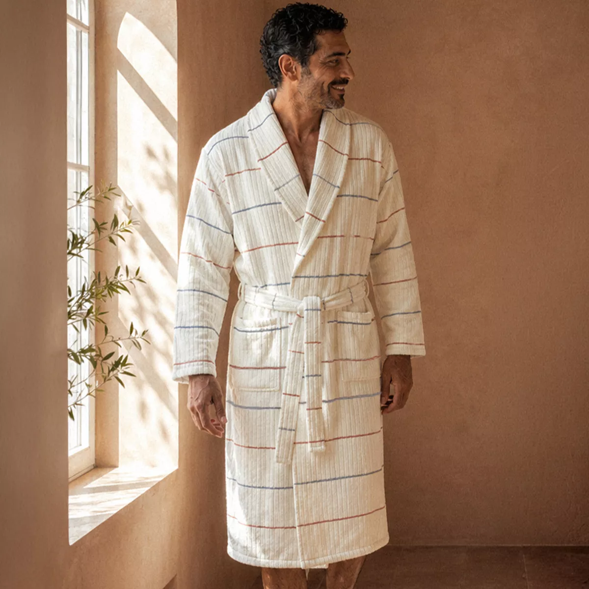 Bademantel reine baumwolle 420 g/m² tissé teint rayé winrot navy blau Farniente tangerine