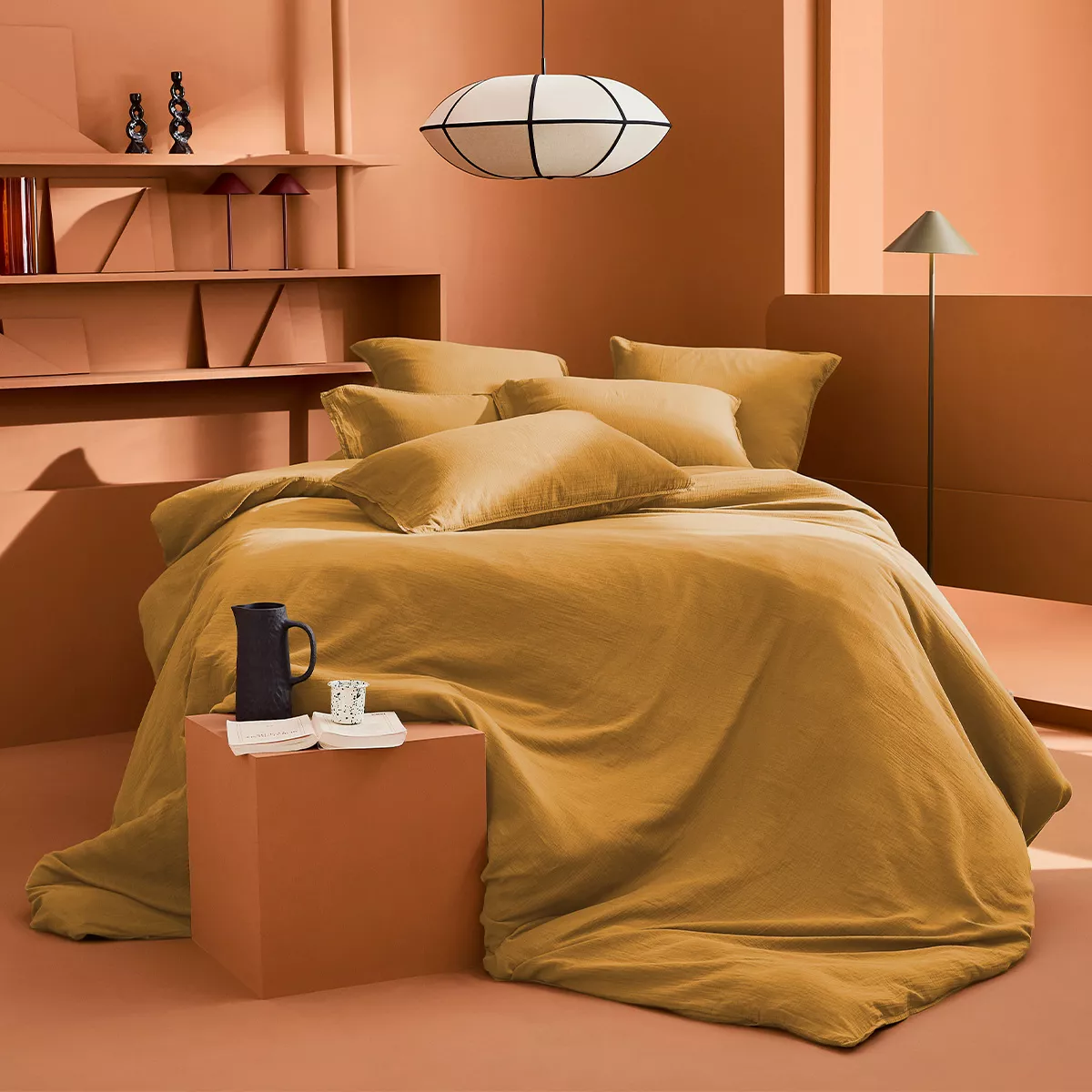 Housse de couette gaze de coton lavé uni jaune Malia curry