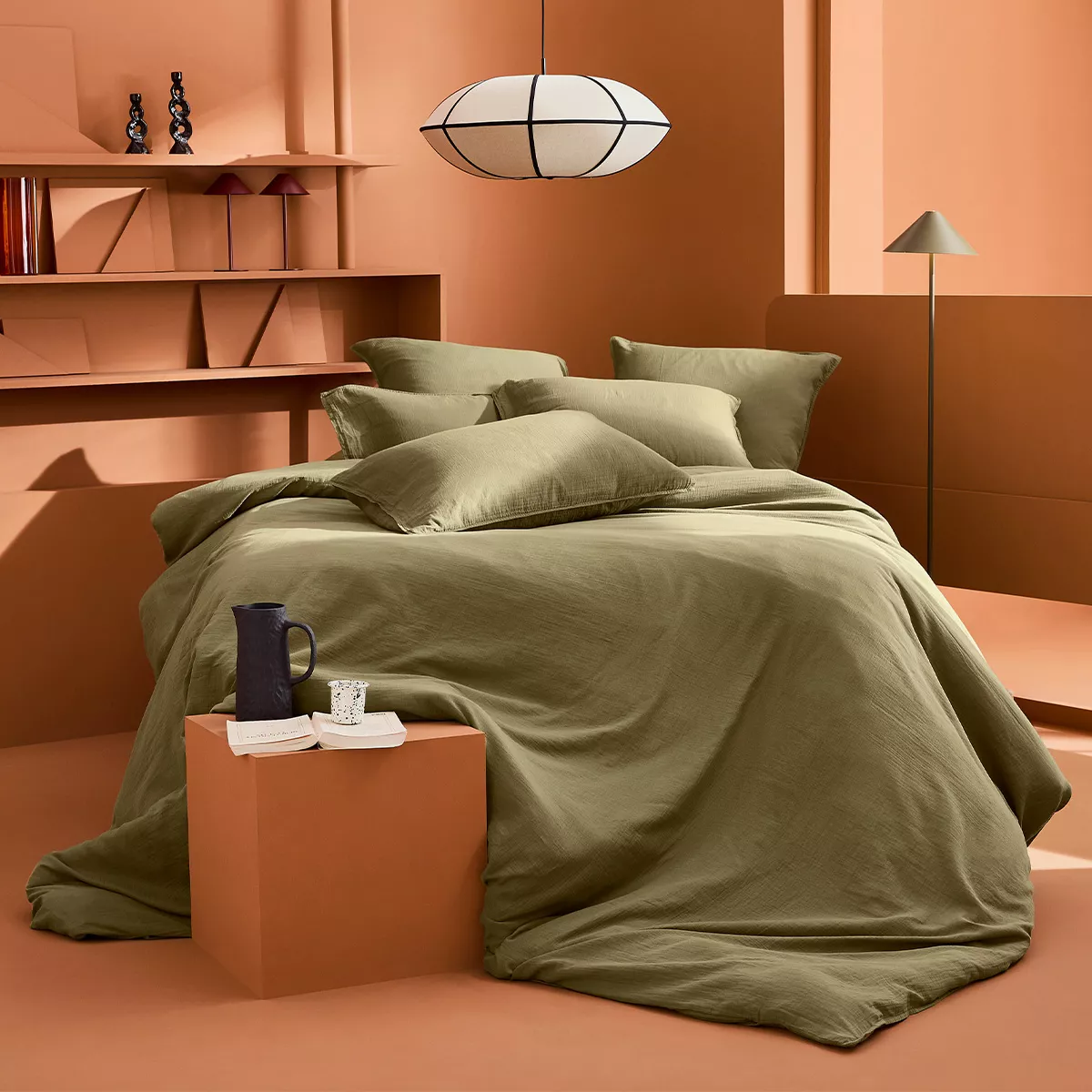 Housse de couette gaze de coton lavé uni vert Malia kaki