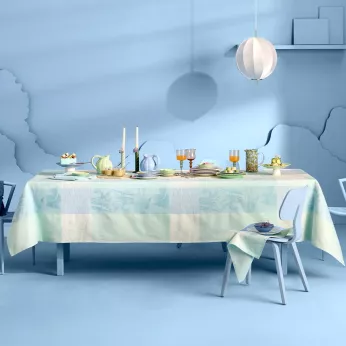 Nappe pur coton 220 g/m² motif jacquard beige bleu Mille iris d'eau aqua