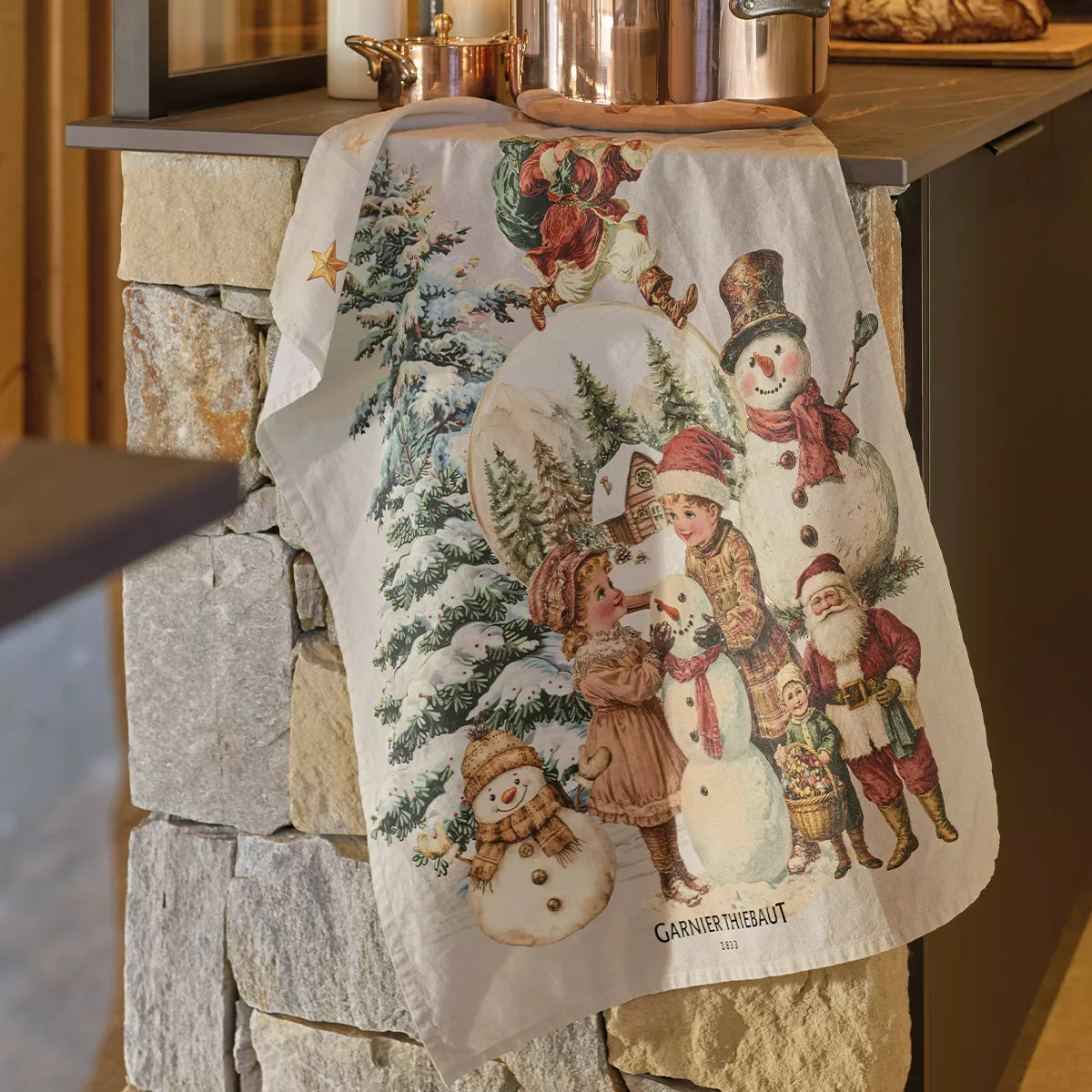 Kitchen towel linen & cotton prewashed 190 gsm printed green red Bonhommes de neige vintage