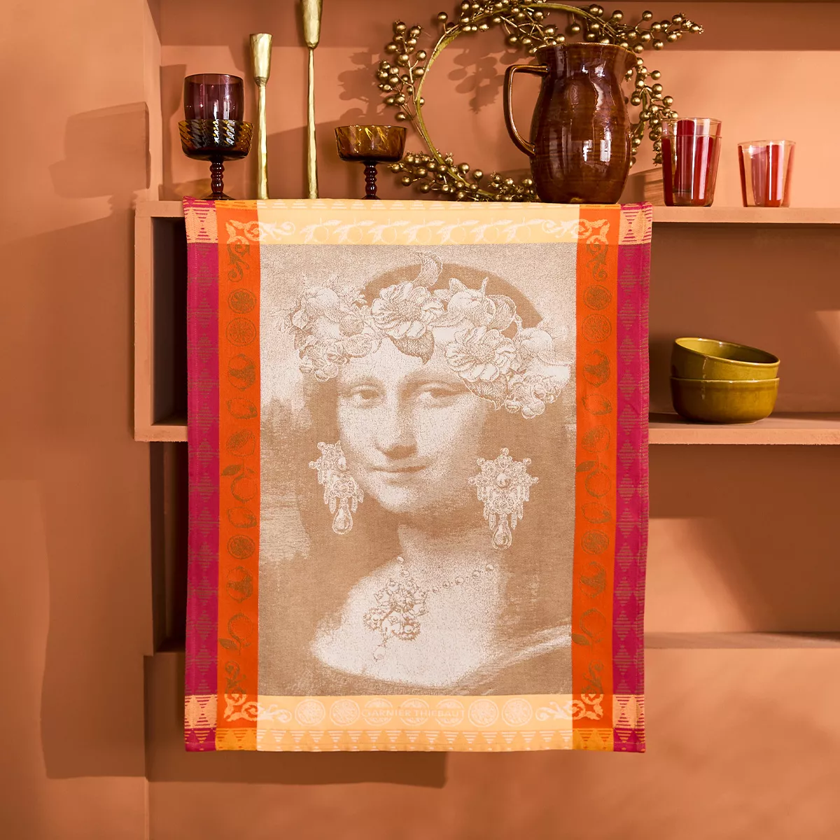 Kitchen towel 100% cotton jacquard pattern burgundy orange Mona lisa cuivre