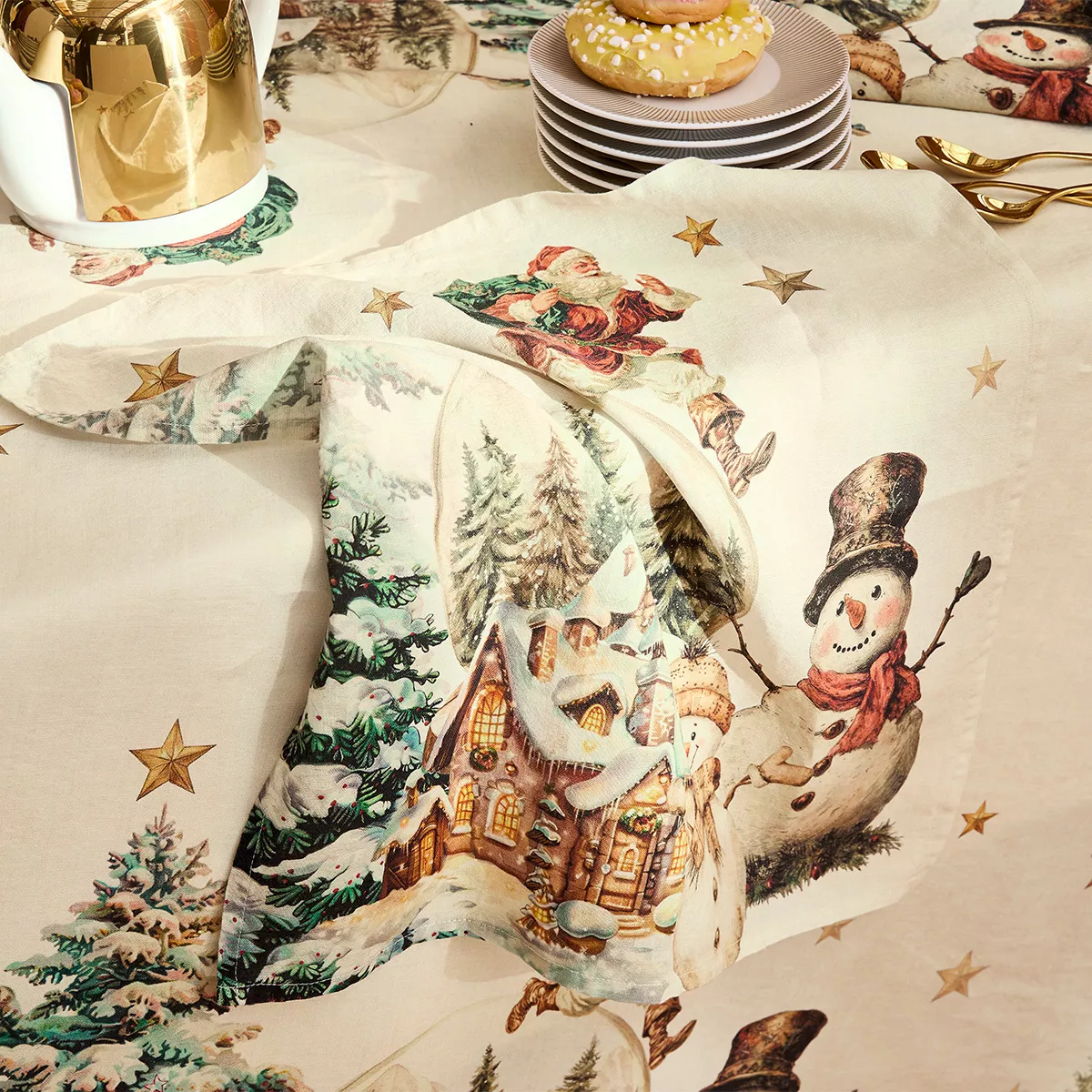 Serviette halbleinen vorgewaschen 150 g/m² bedruckt grün rot Bonhommes de neige vintage
