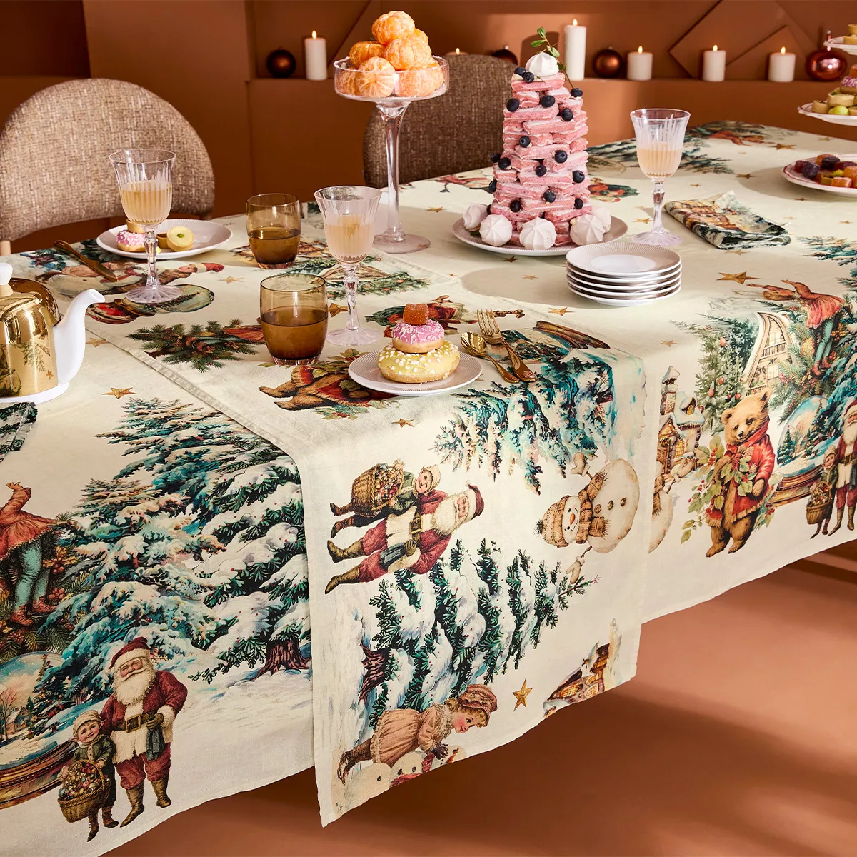 Table runner linen & cotton prewashed 150 gsm printed green red Bonhommes de neige vintage