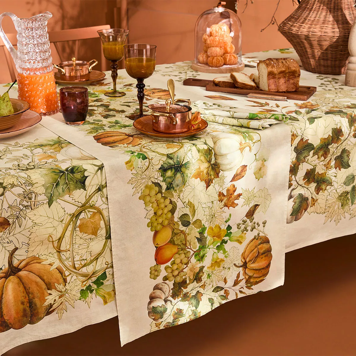 Table runner linen & cotton prewashed 190 gsm printed beige orange Delices d'automne potiron