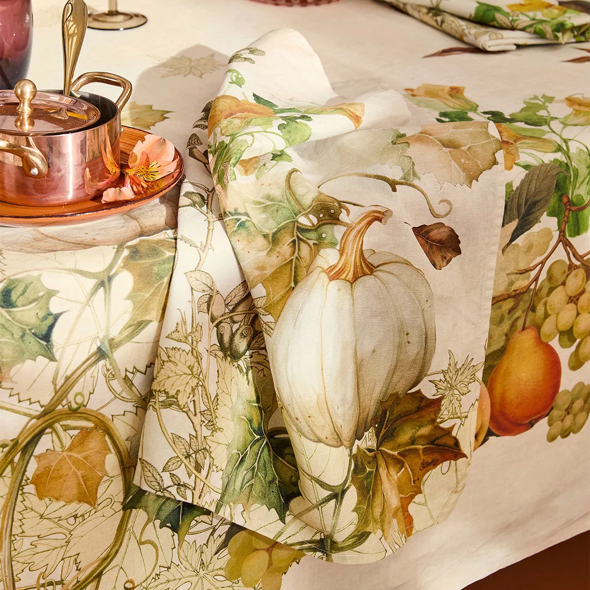 Serviette halbleinen vorgewaschen 190 g/m² bedruckt beige orange Delices d'automne potiron