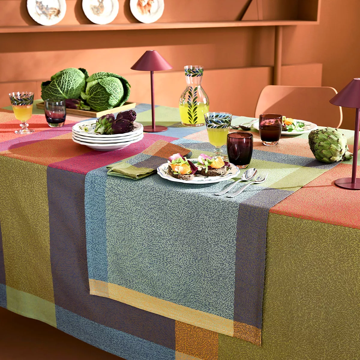 Table runner 100% cotton 220 gsm jacquard pattern green orange Mille baies shetland